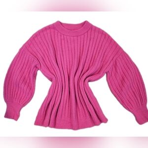 Bright Hot Pink Puff Sleeve Fuzzy Cozy Oversized Women's Ribbed Sweater Size S